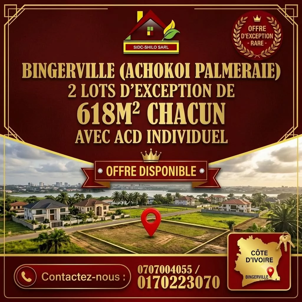 Annonce SIDC-SHILO : deux lots de 618 m² avec ACD individuel à Bingerville Achokoi Palmeraie