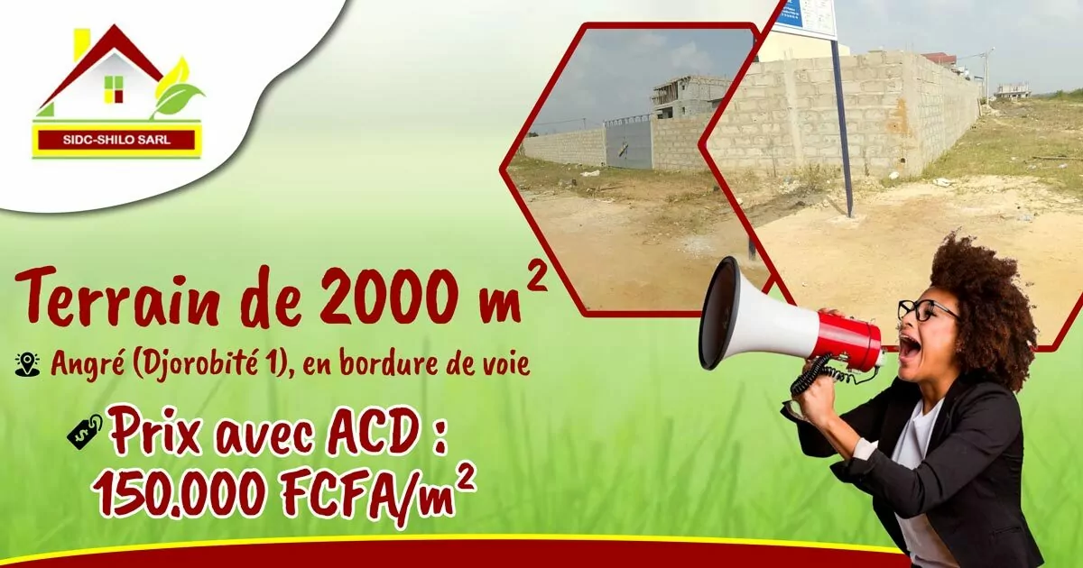 Annonce SIDC-SHILO : terrain de 2000 m² à Angré Djorobité 1, en bordure de voie